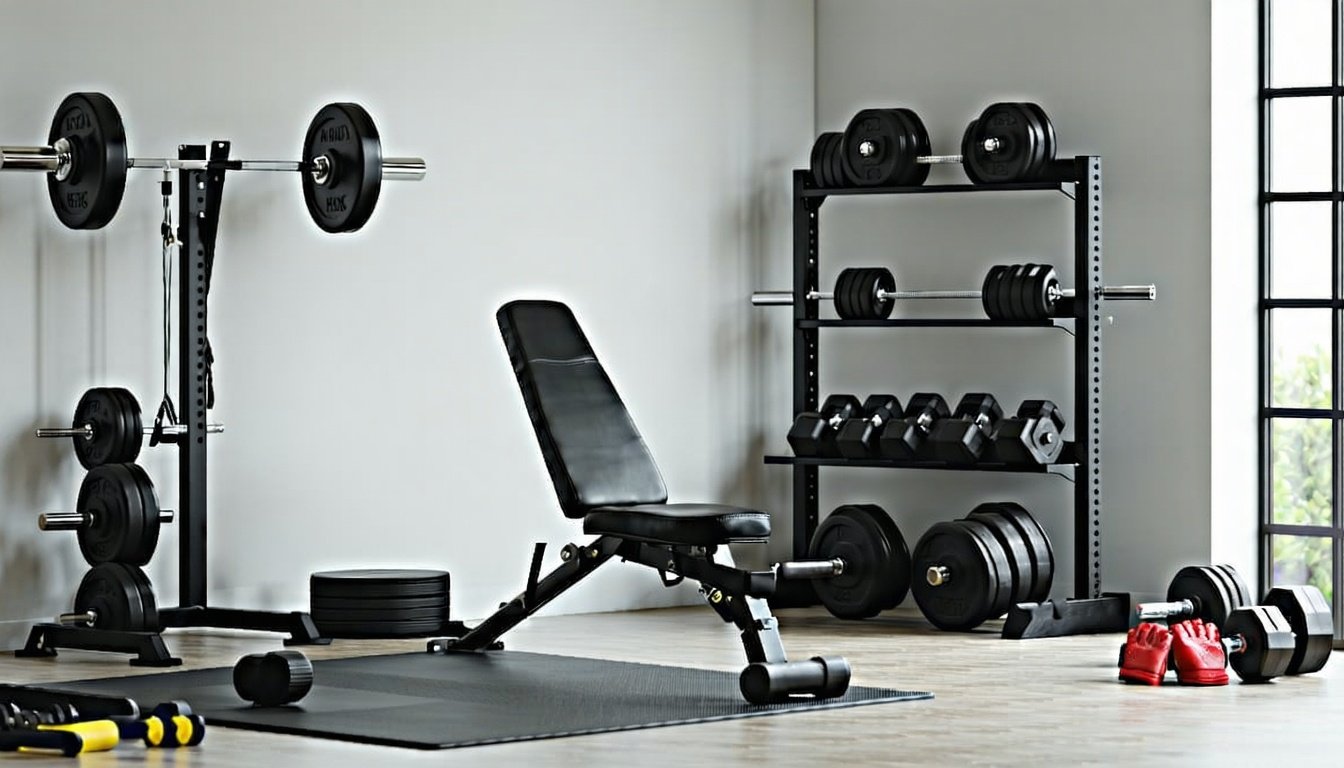 Bænkpress sæt i hjemmegym med håndvægte, gulvmåtter og træningshandsker som tilbehør