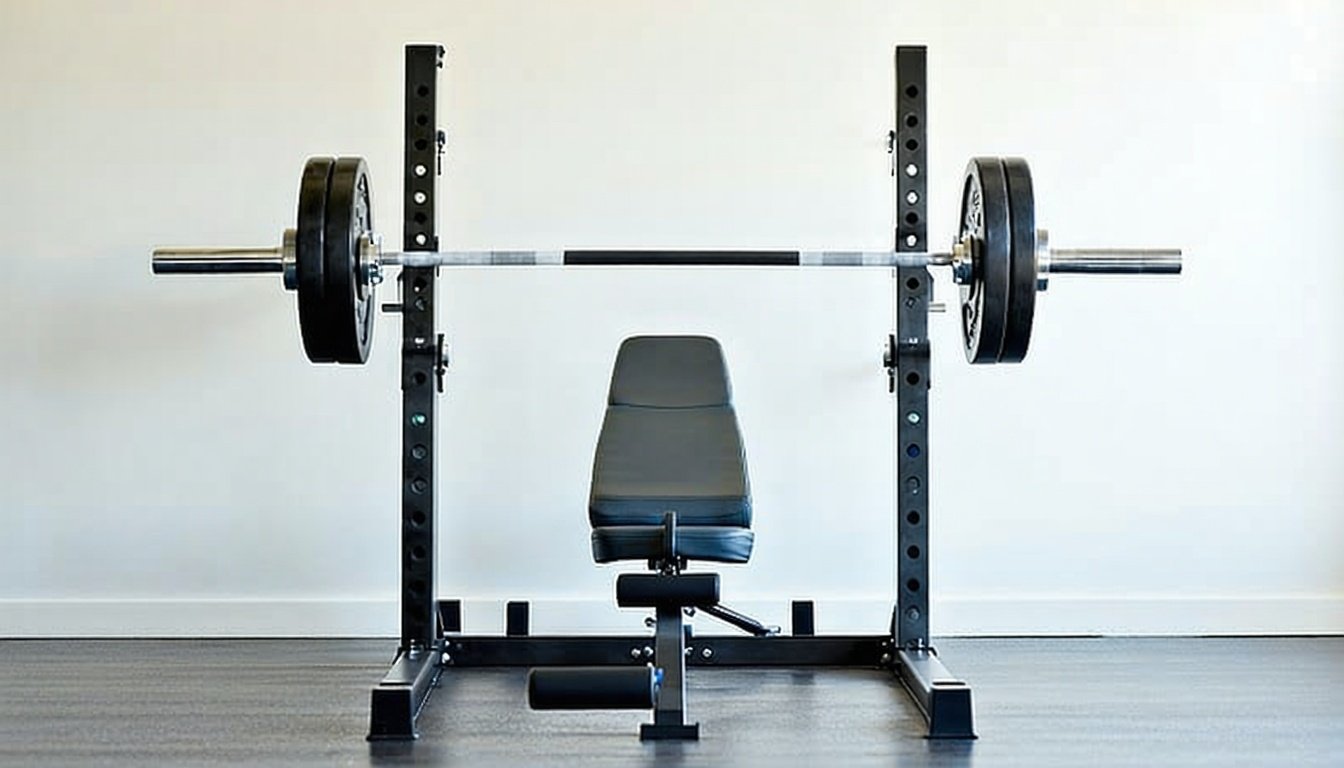 Bænkpress sæt med bænk, stativ, sikkerhedsarme og stang med klemmer opstillet i hjemmegym
