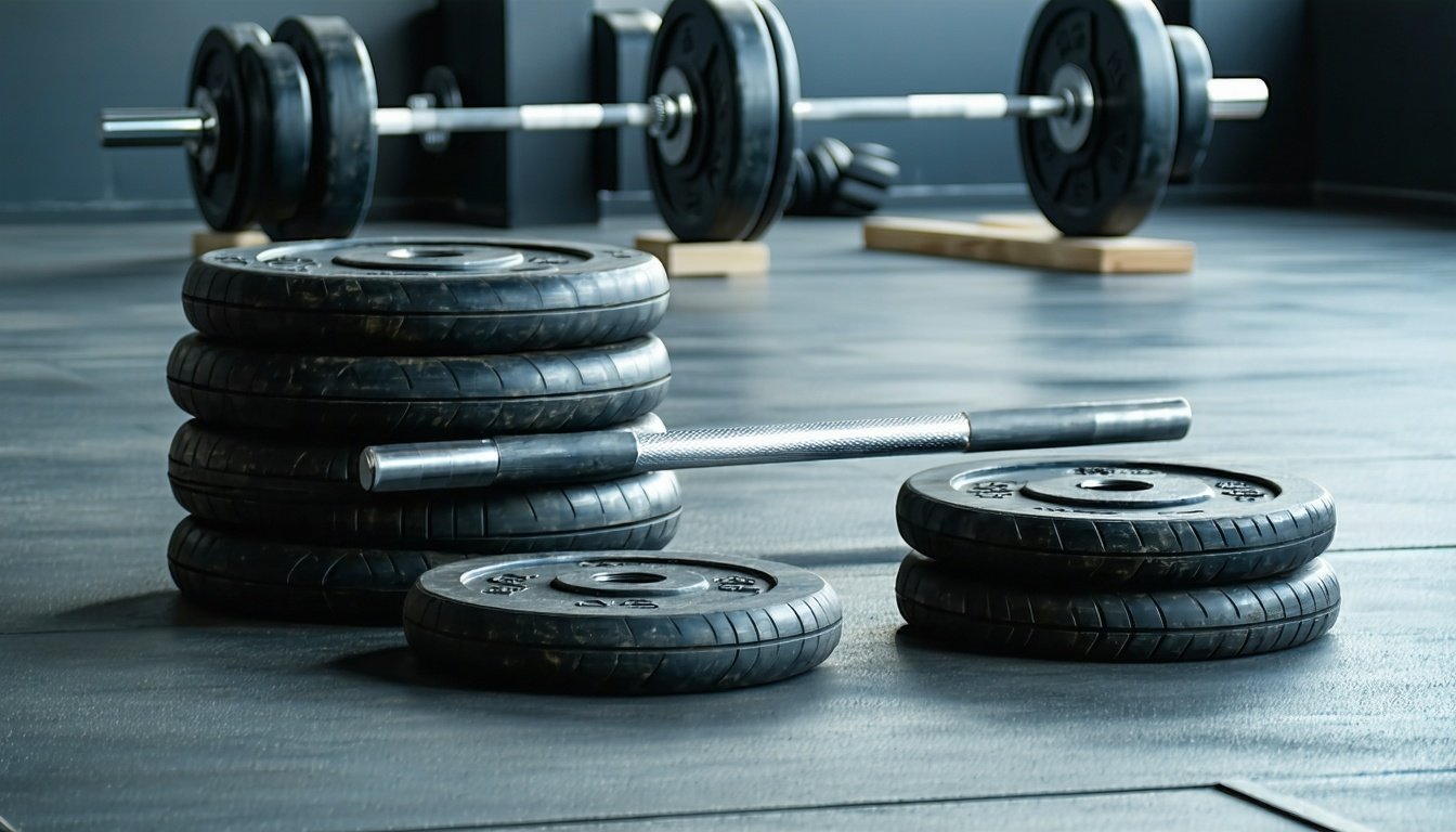 Bumper plates og støbejernsskiver ved en olympisk vægtstang i et vægtstangssæt på gummigulv