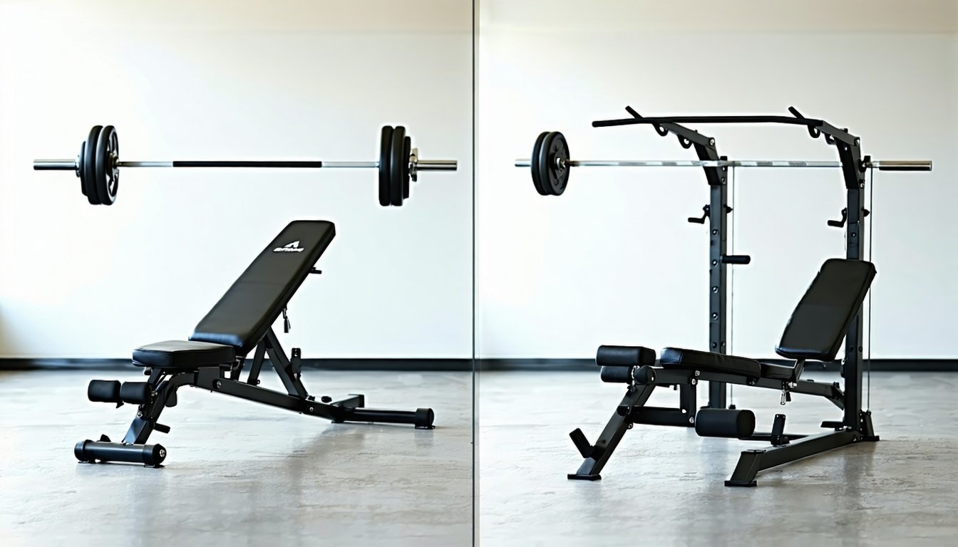 Flad og justerbar bænk ved siden af hinanden i et hjemmegym med stang, som del af et bænkpress sæt
