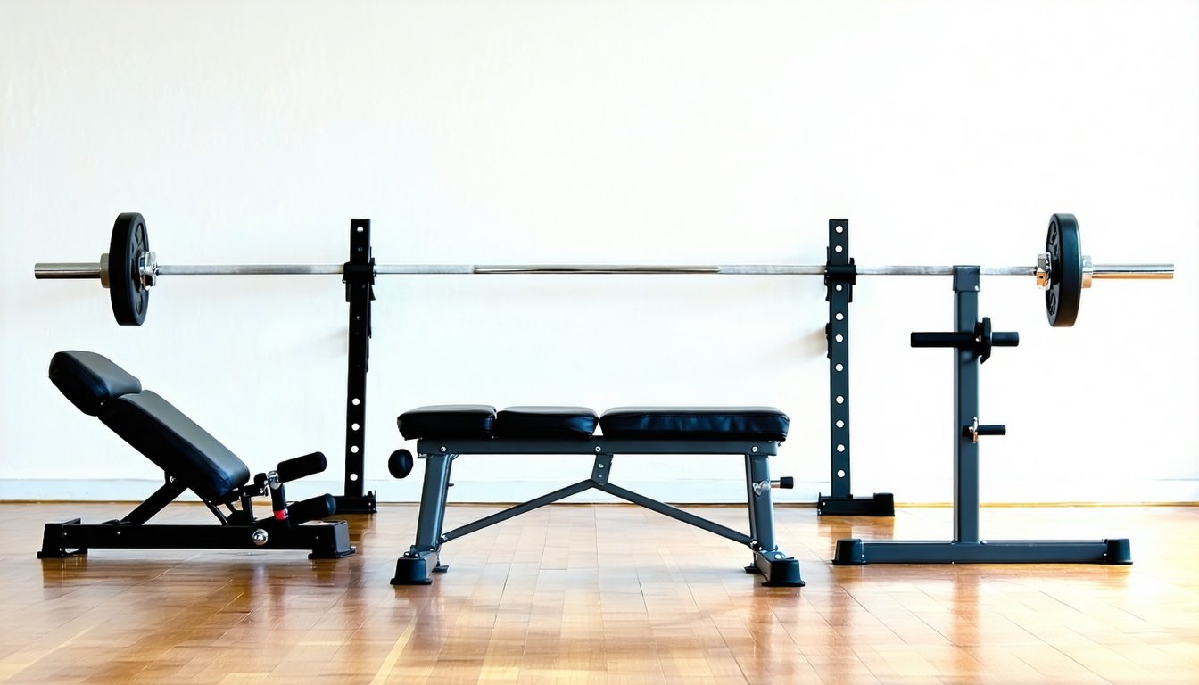 Hip thrust maskine, hip thrust bænk og vægtstang med bænk stillet op ved siden af hinanden til sammenligning