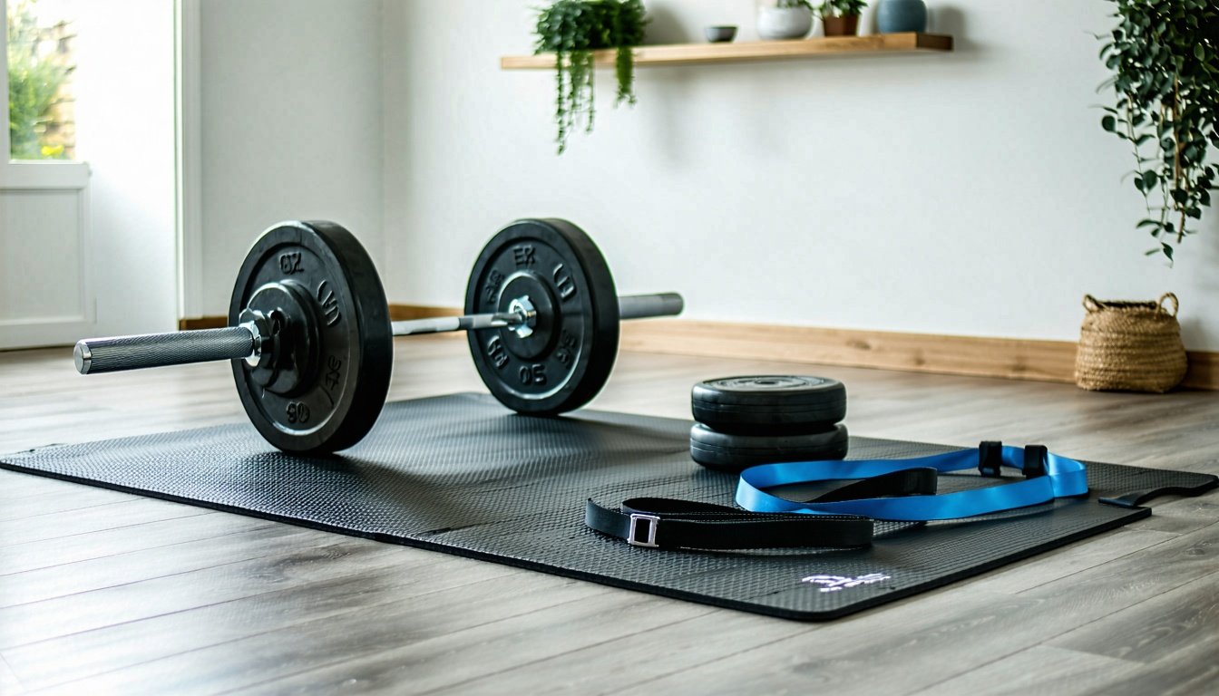 Hip thrust maskine i hjemmetræningsrum med skumpude, modstandsbånd, hip thrust-bælte og vægtskiver på gulvmåtte
