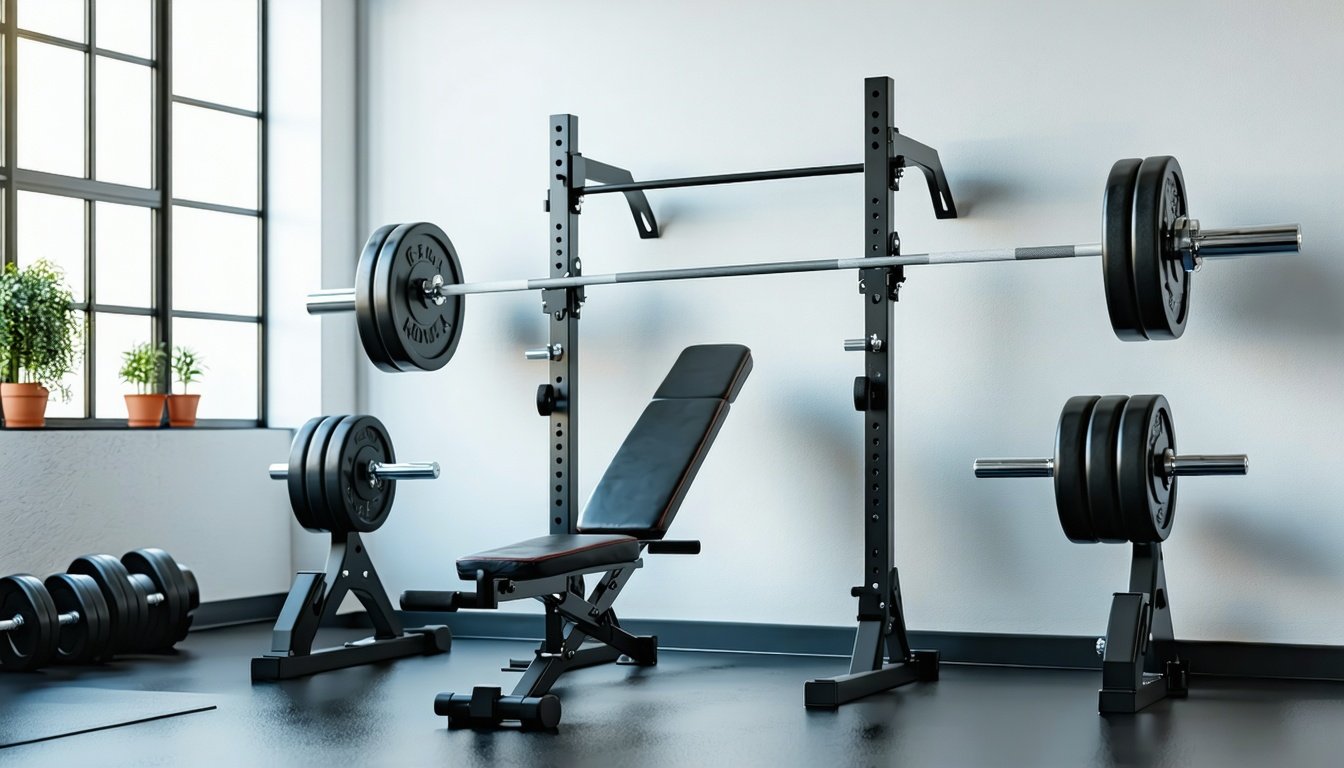Komplet bænkpress sæt med bænk, stativ og læsset vægtstang på gummigulv i et lyst hjemmegym