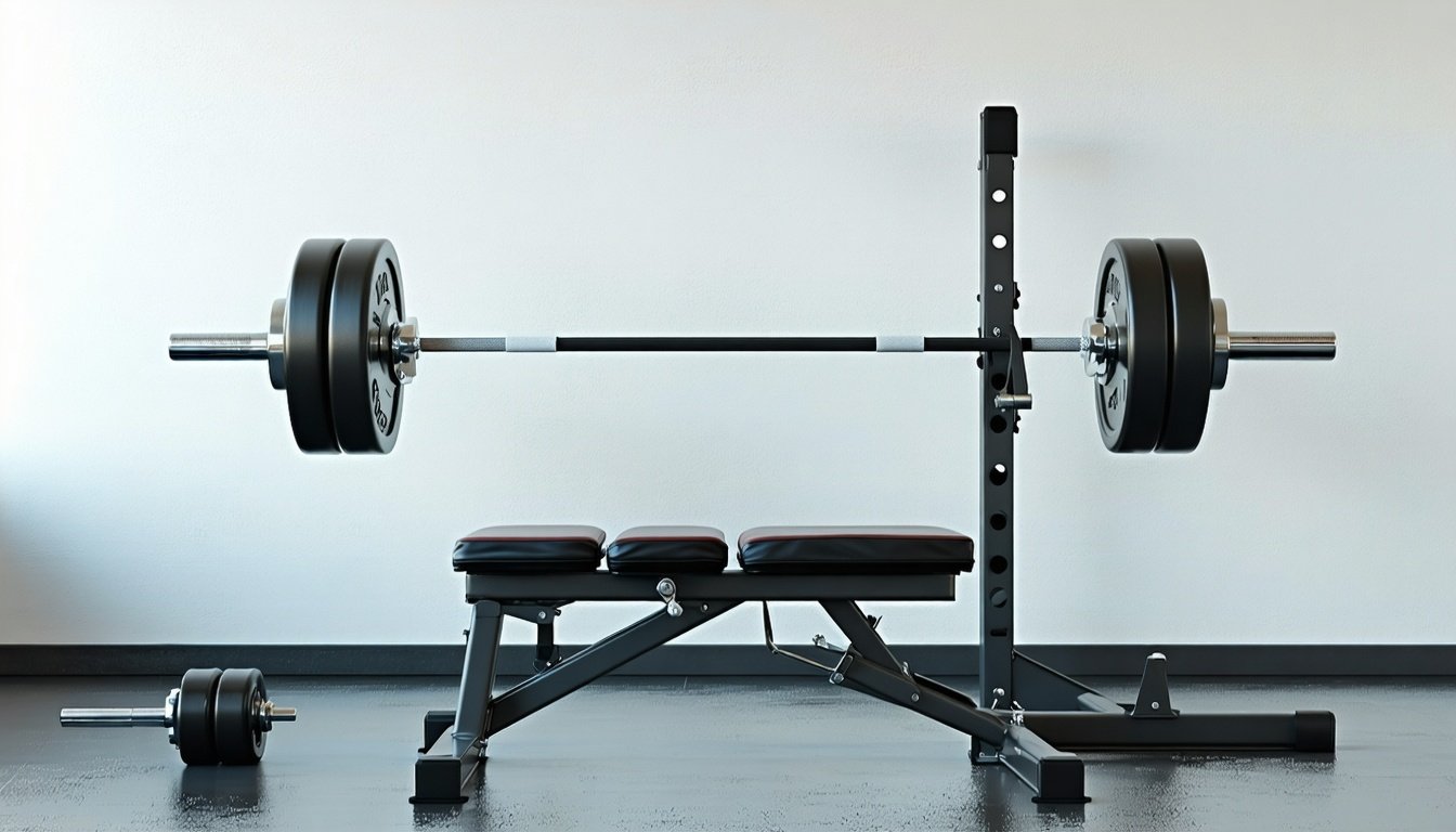 Komplet bænkpress sæt med bænk, stativ, stang, skiver og klemmer opstillet i et lyst hjemmegym