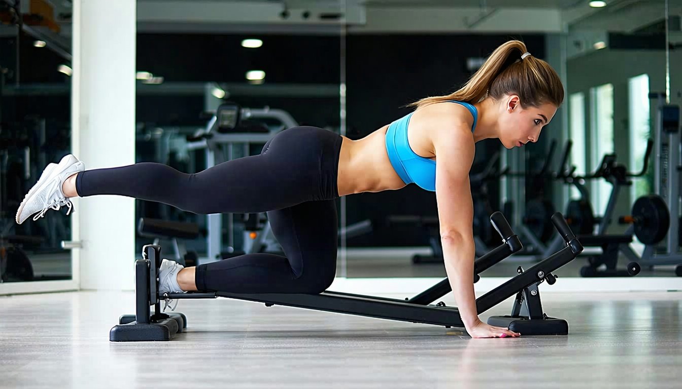 Kvinde træner baller på en hip thrust maskine med hofterne strakt i topstillingen i et lyst fitnesscenter