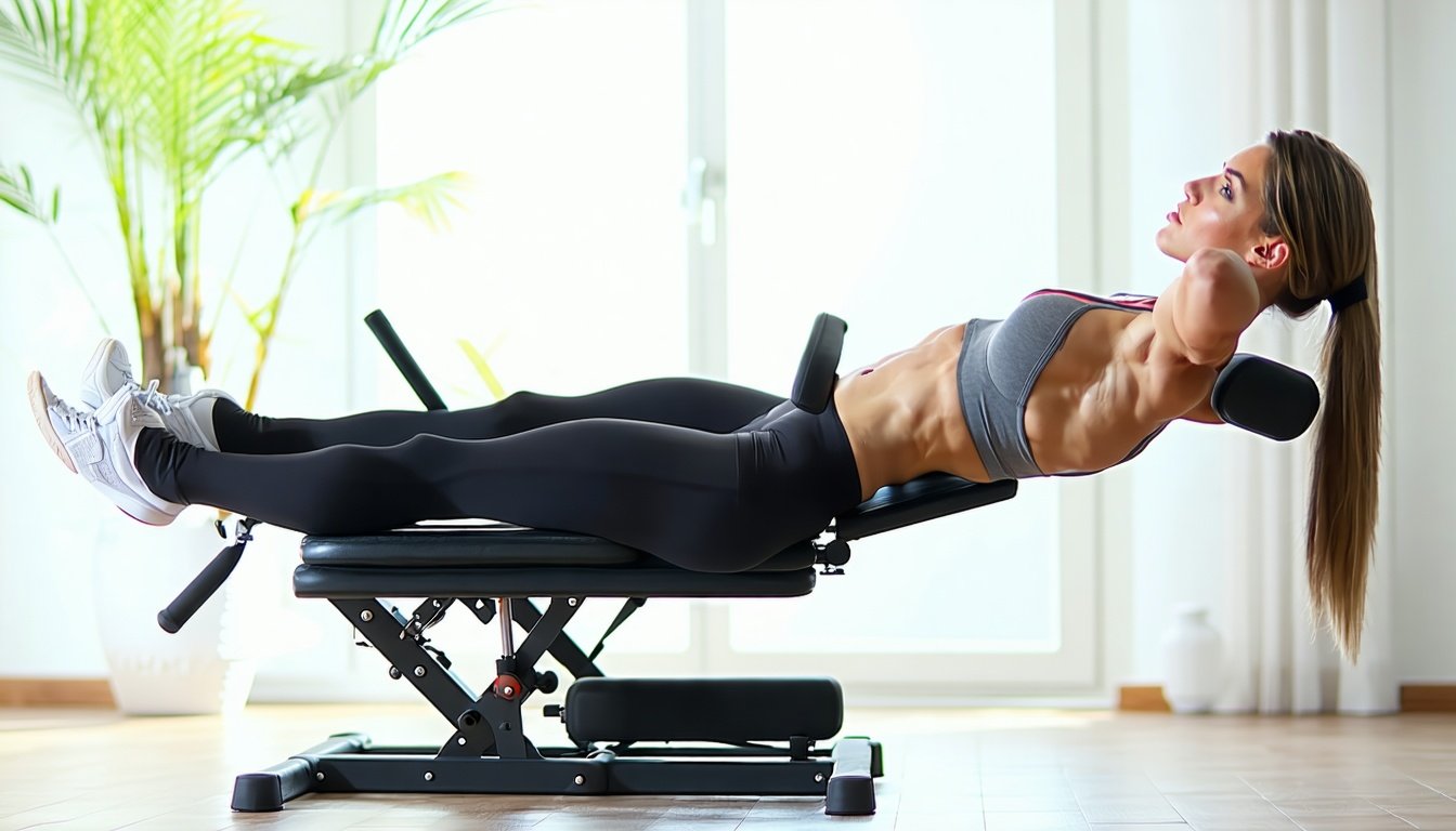 Kvinde træner på en hip thrust maskine i et lyst hjemmefitnessrum