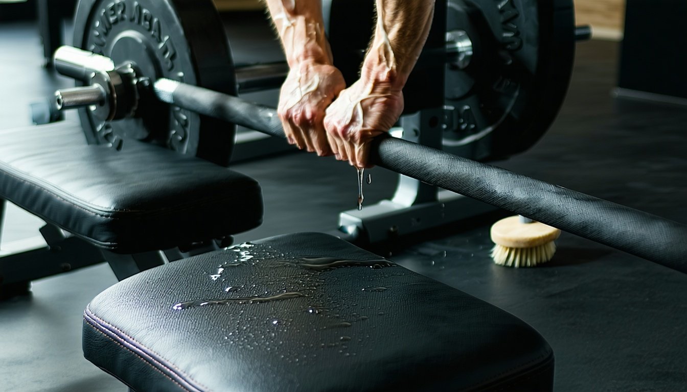 Rengøring af polstring og stang på et bænkpress sæt i hjemmegymmet med klud og børste