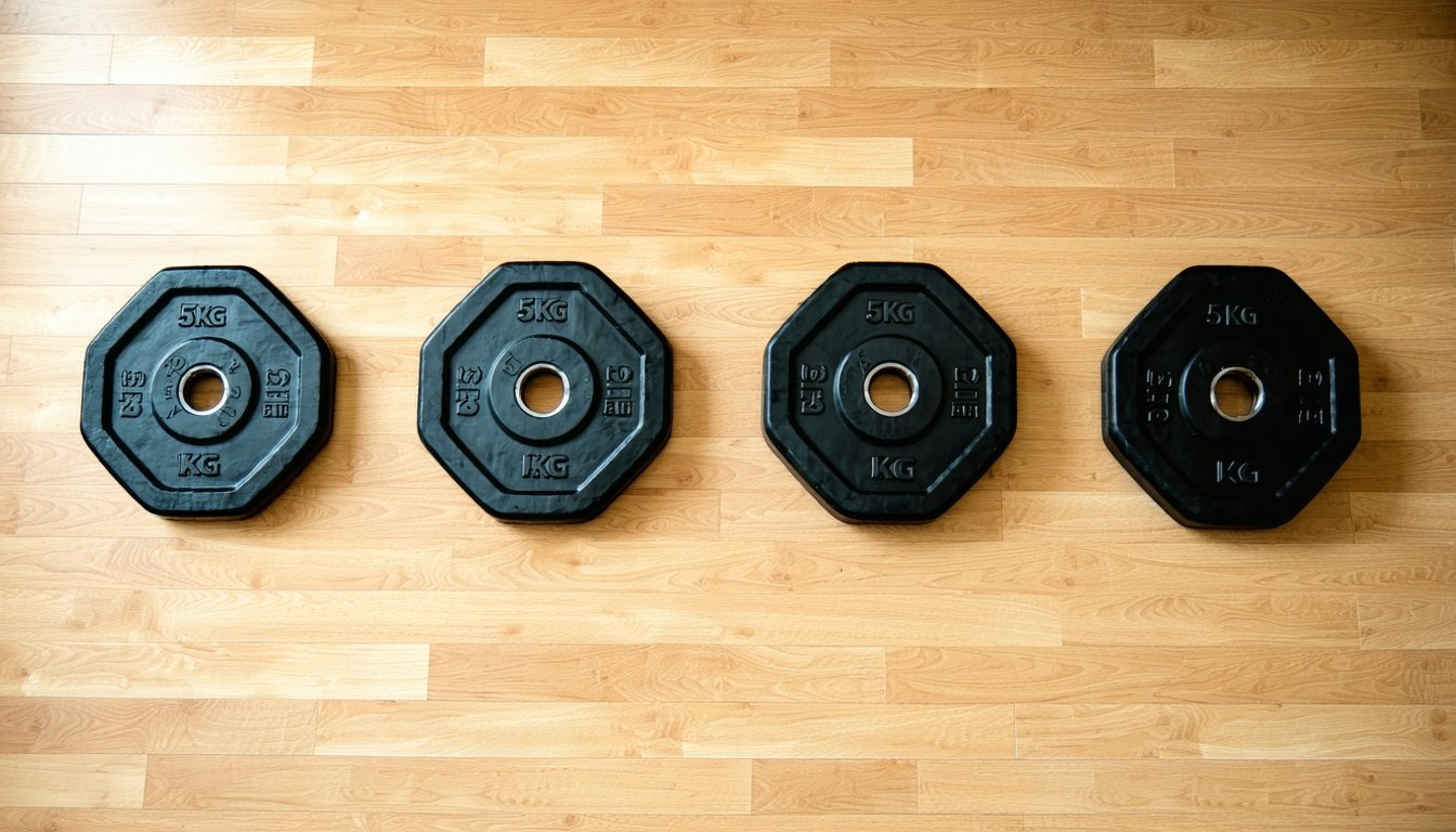 Vægtskiver 5 kg i støbejern, gummi, urethane og bumper plates ved siden af hinanden i et tomt hjemmetræningsrum