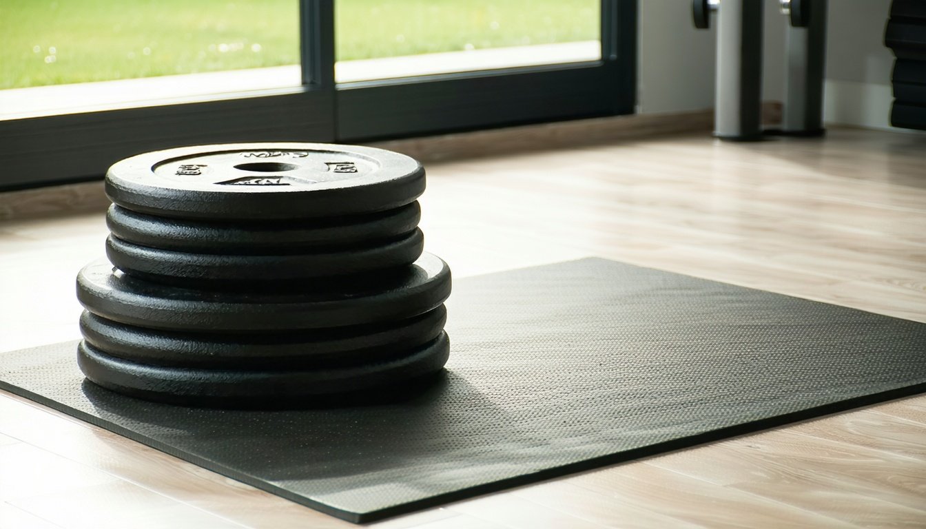 Vægtskiver 5 kg i støbejern på skivetræ med vægtlåse og gummigulv i et tomt hjemmetræningsrum